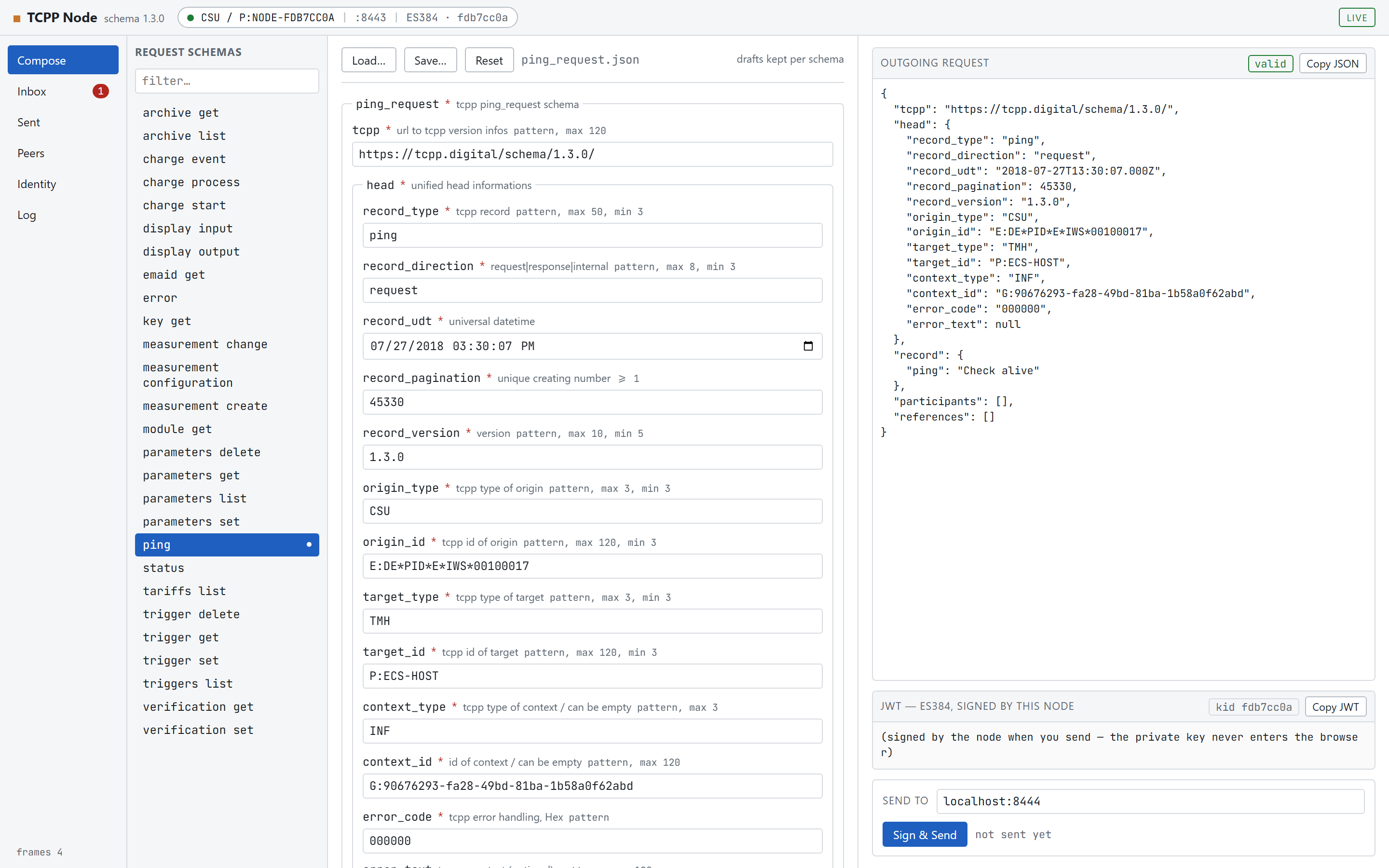 Das Fenster des TCPP-Node: Kopfzeile, Navigationsleiste, Schema-Liste, erzeugtes Formular sowie die Bereiche für die ausgehende Anfrage und das JWT.