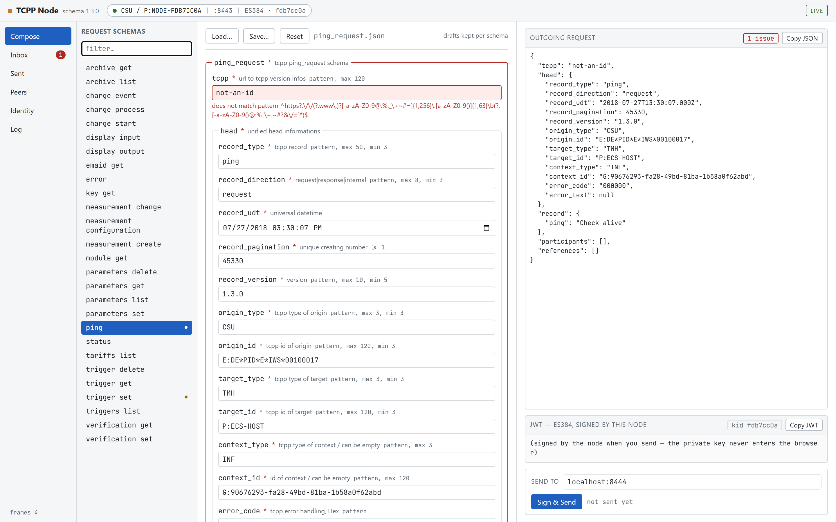Ein Compose-Formular mit einem rot markierten Feld, der Begründung darunter und einem roten Abzeichen '1 issue' über dem JSON-Bereich.