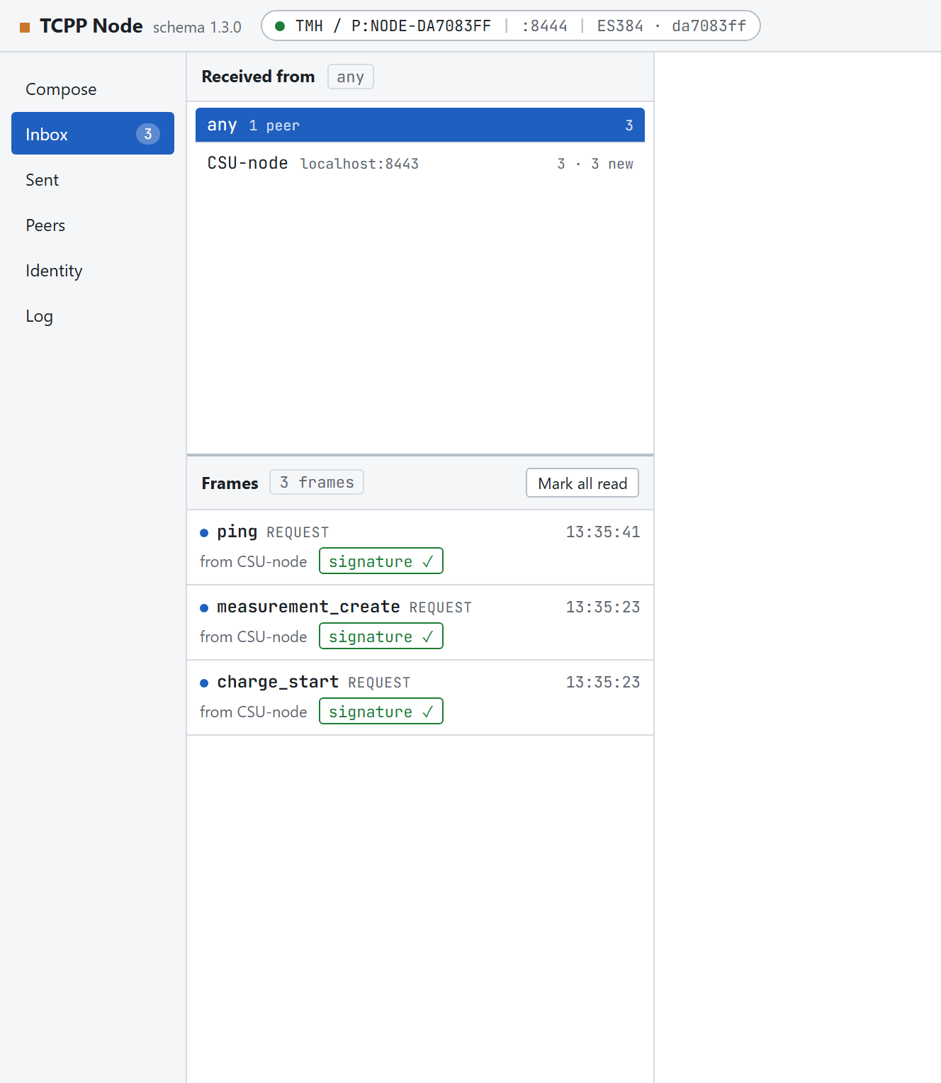 Der Posteingang: ein Peer-Filter mit 'any' und CSU-node über einer Liste dreier empfangener Frames mit Ungelesen-Punkten und Signatur-Badges.