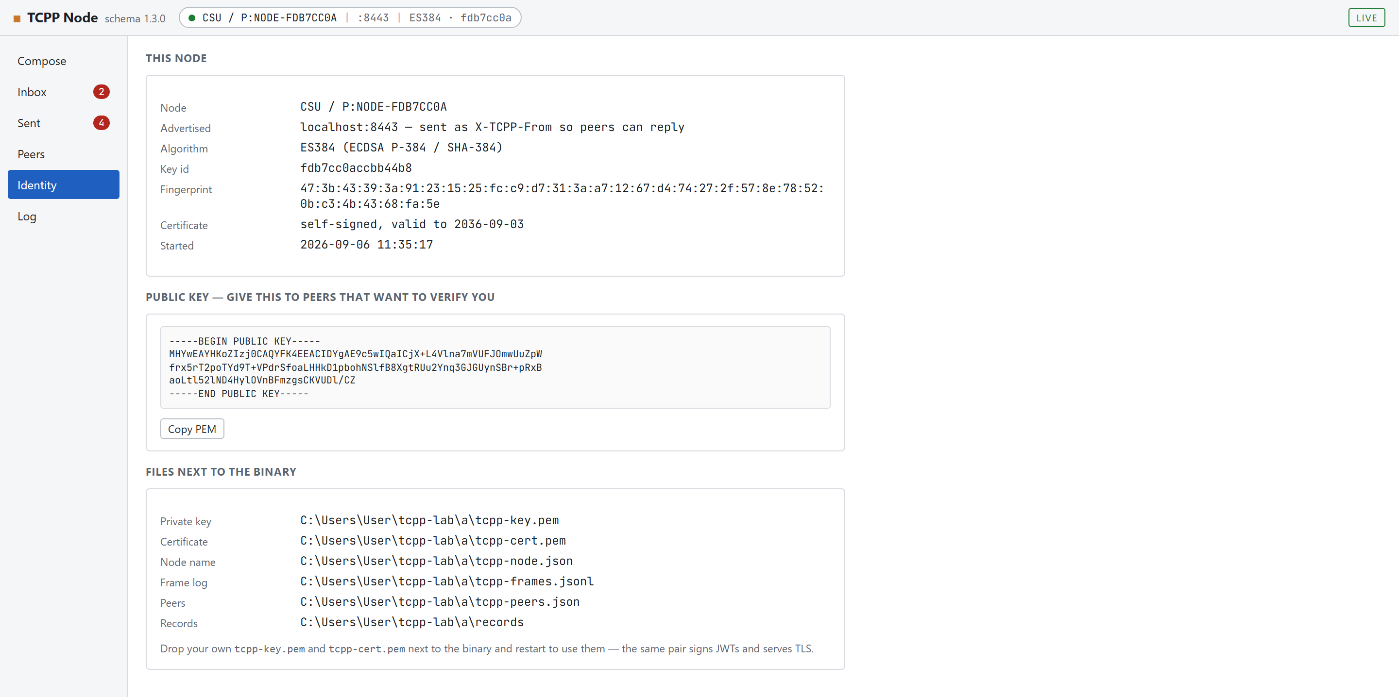 Die Identity-Ansicht: Node-Typ und -Id, angekündigte Adresse, Algorithmus, Schlüssel-Id, Fingerabdruck, Zertifikatsgültigkeit, Startzeit, das öffentliche Schlüssel-PEM und die Dateipfade.
